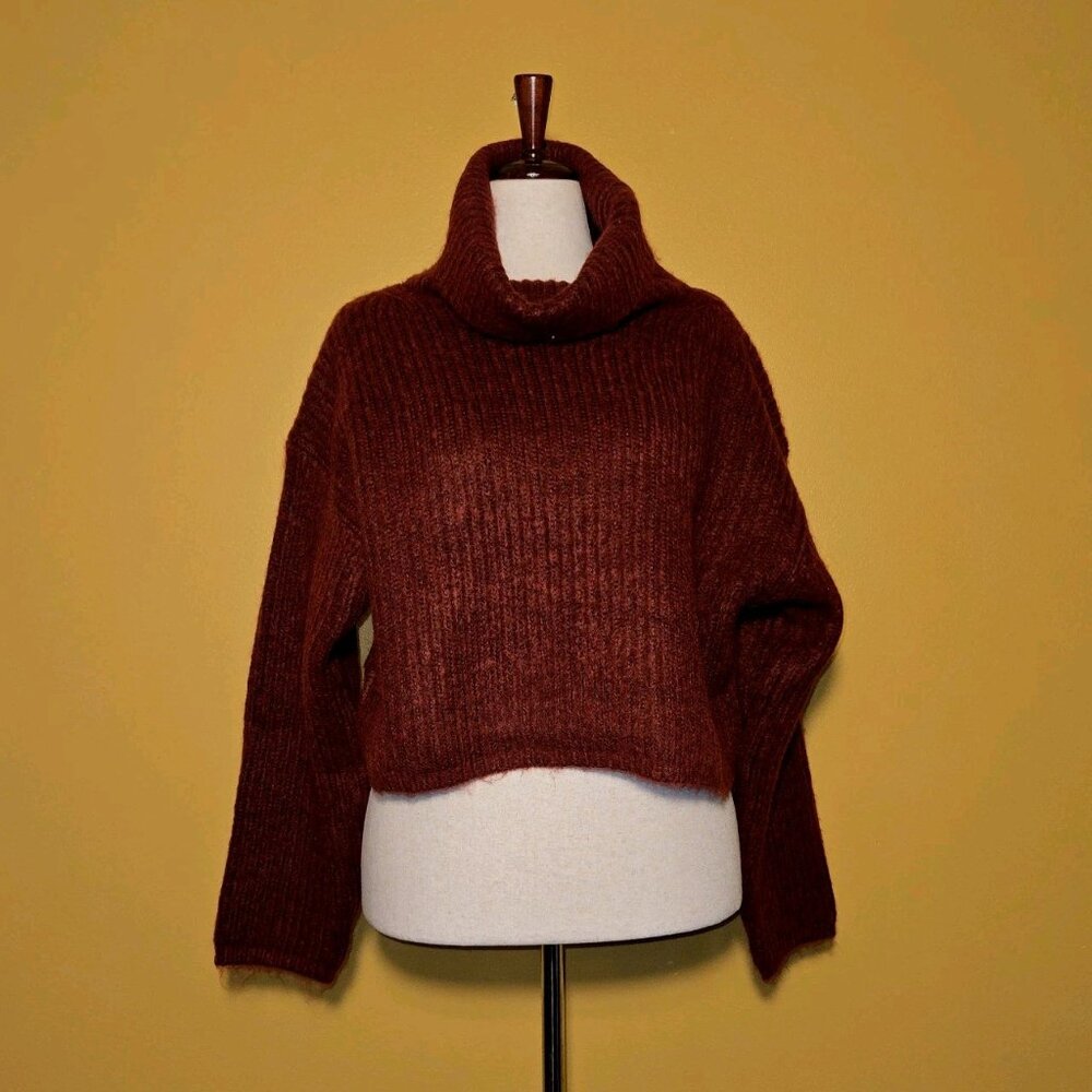 Thakoon Cropped Ribbed Turtleneck‎ Sweater Burgundy Womens large Thick KN17 NWT